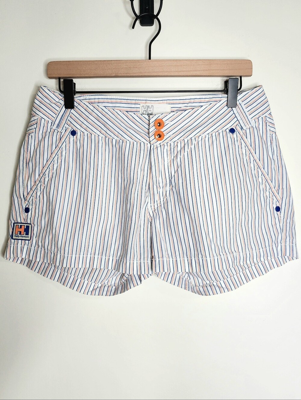 Helly Hansen White Shorts Blue & Orange Pinstripes Cotton Sz 30 Outdoors Casual